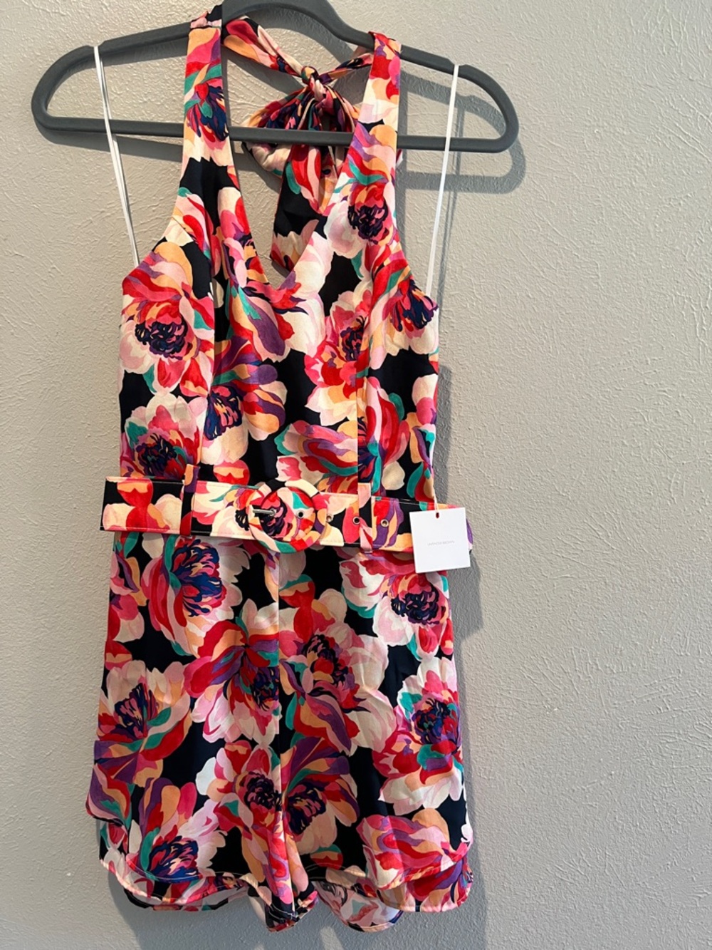 Lavender Brown-Floral Halter Belted Romper in Black, Pink, Red. Lavander Brown